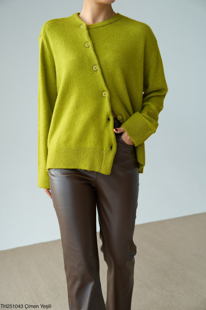 Asymmetric Button Knit Cardigan - Lime Green