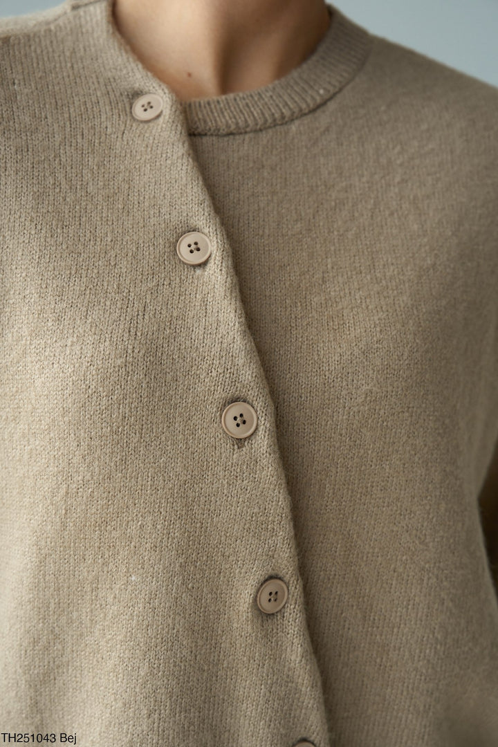 Asymmetric Button Knit Cardigan - Beige