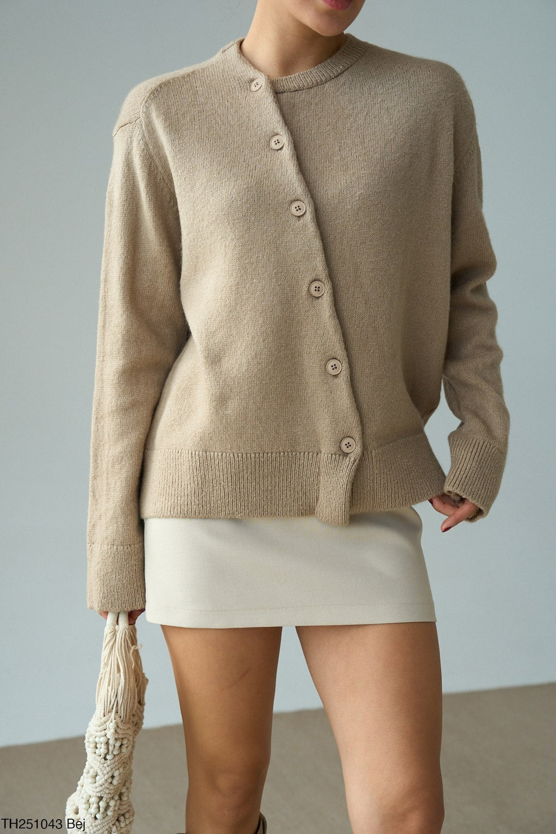 Asymmetric Button Knit Cardigan - Beige - jqwholesale.com