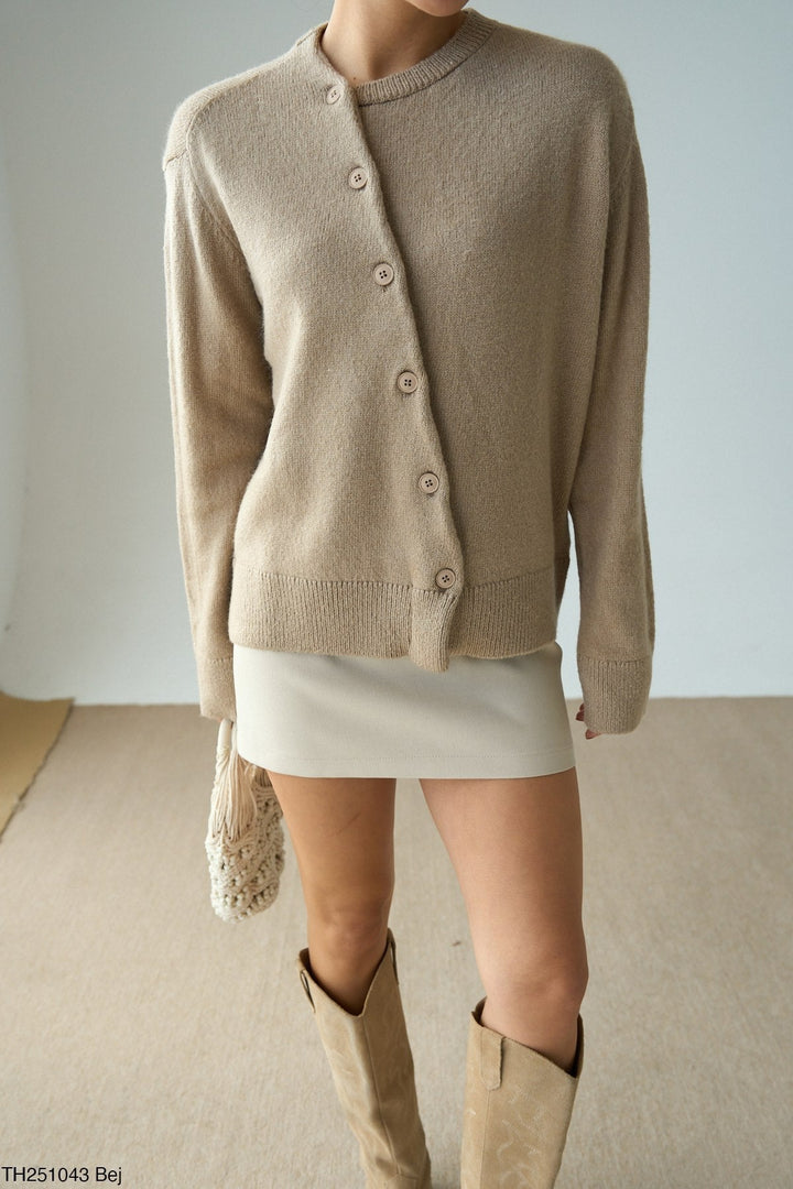 Asymmetric Button Knit Cardigan - Beige - jqwholesale.com