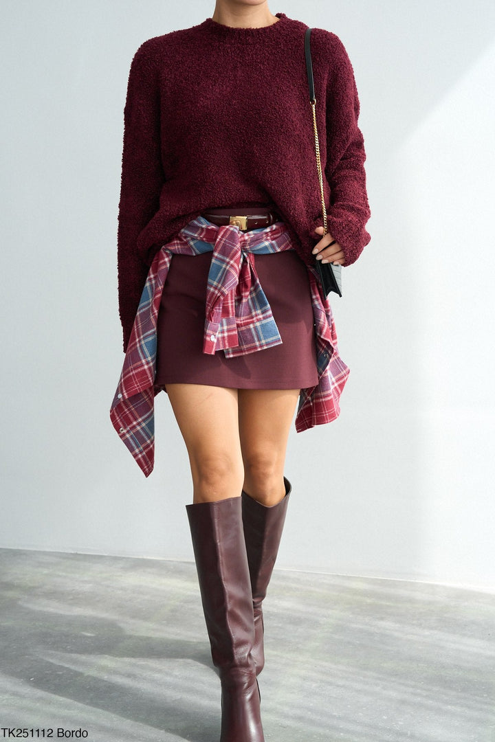 Bouclé Texture Knit Jumper - Deep Wine - jqwholesale.com