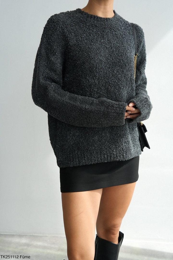 Bouclé Texture Knit Jumper - Charcoal Grey - jqwholesale.com