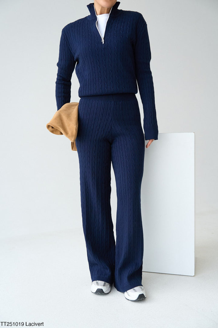 Cable Knit Zip Neck Two Piece Set in Navy