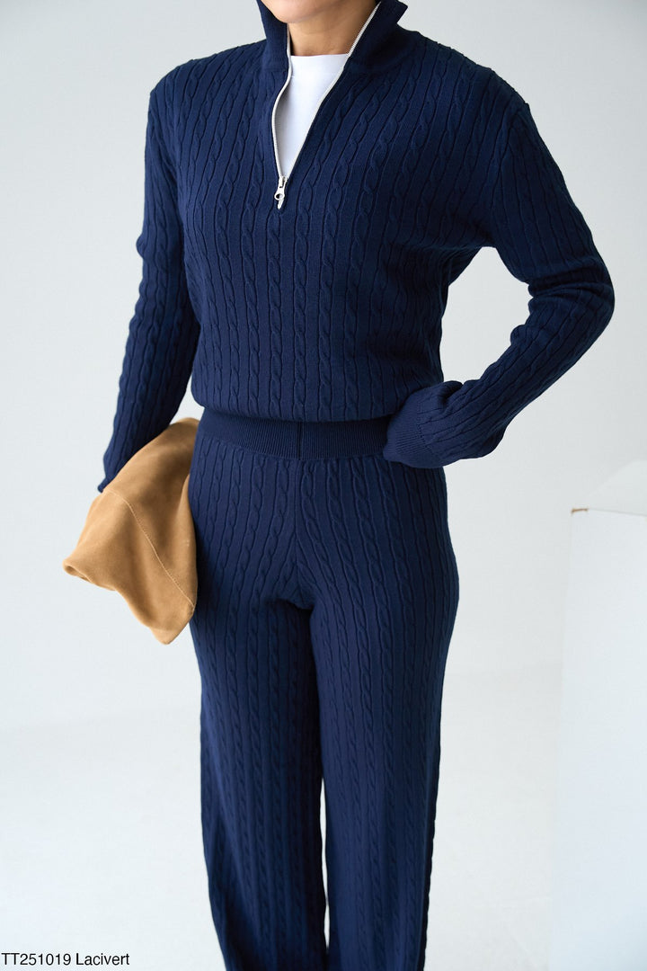 Cable Knit Zip Neck Two Piece Set in Navy