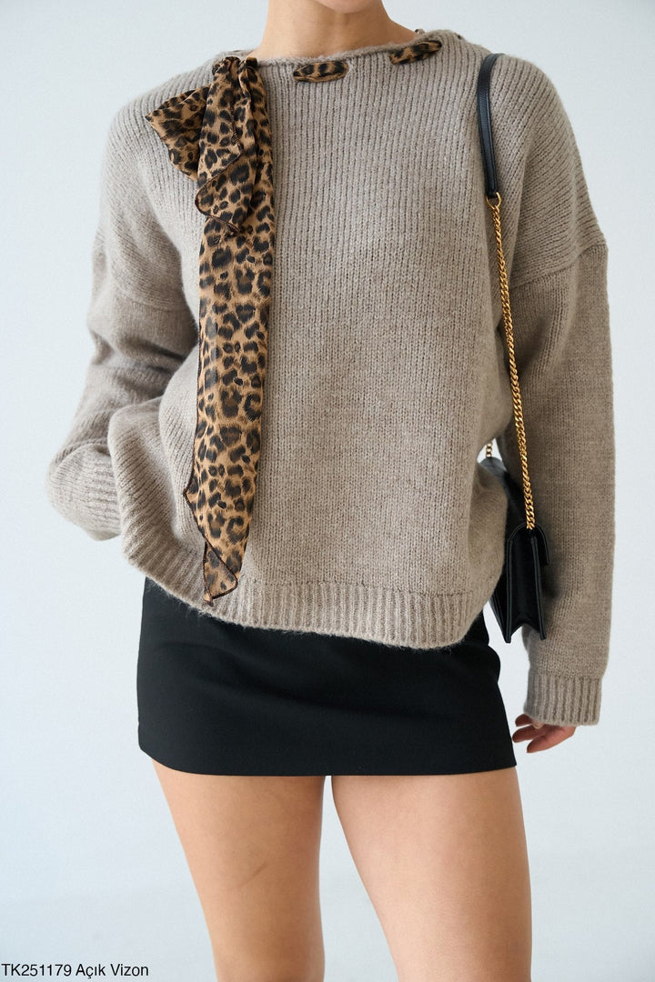 Leopard Tie Detail Soft Knit Jumper in Light Mink - jqwholesale.com