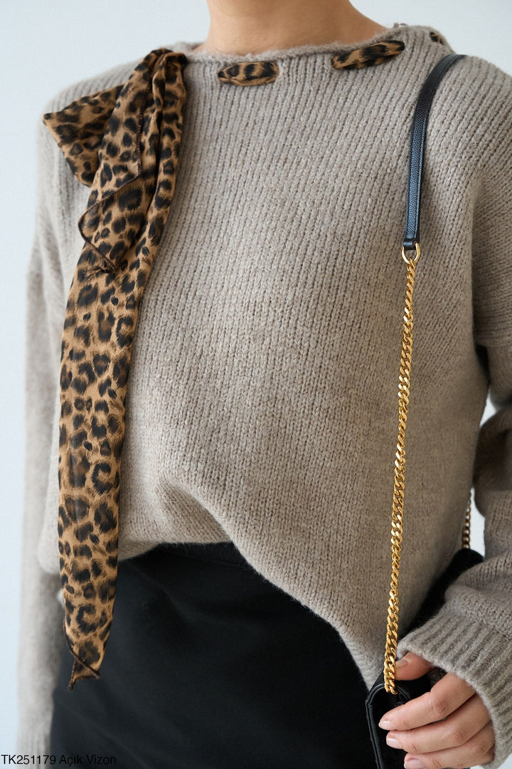 Leopard Tie Detail Soft Knit Jumper in Light Mink - jqwholesale.com