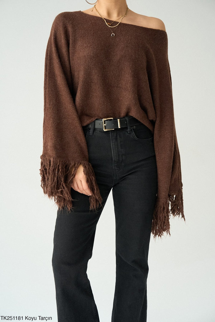 Fringe Sleeve Knit Jumper in Deep Brown - jqwholesale.com