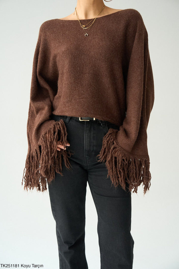 Fringe Sleeve Knit Jumper in Deep Brown