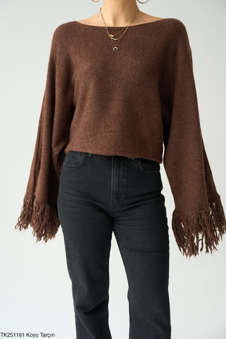 Fringe Sleeve Knit Jumper in Deep Brown - jqwholesale.com