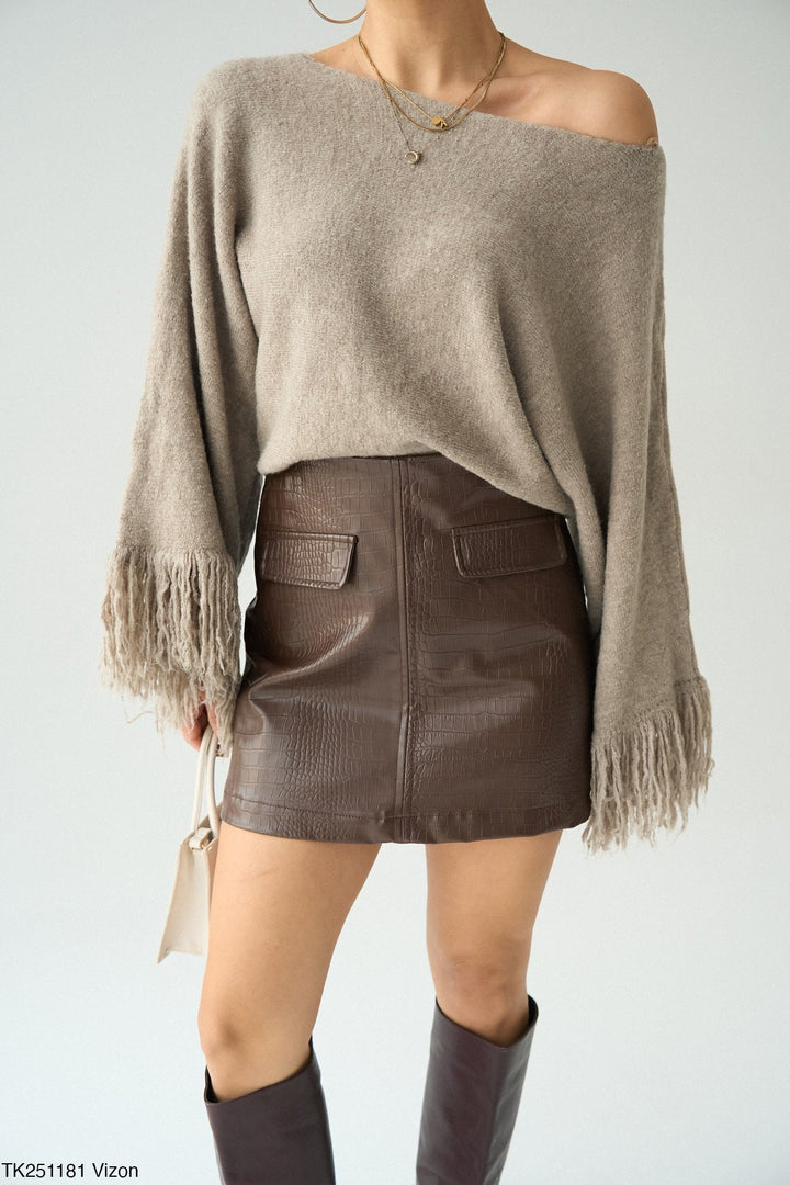 Fringe Sleeve Knit Jumper in Light Mink - jqwholesale.com