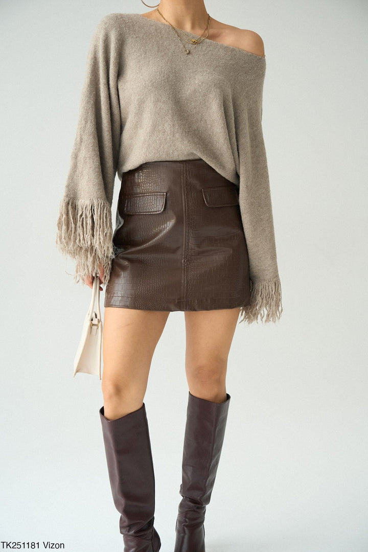 Fringe Sleeve Knit Jumper in Light Mink - jqwholesale.com