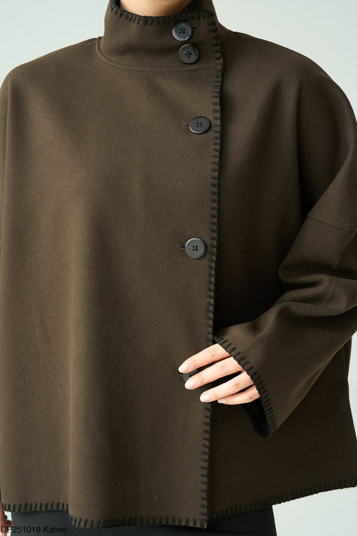 Contrast Stitch Cape Jacket in Brown