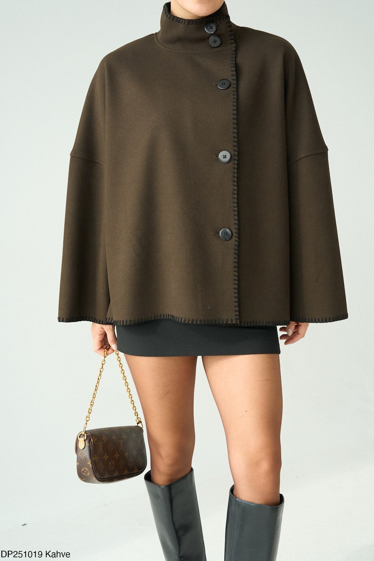 Contrast stitch cape jacket brown - wholesale women fashion UK