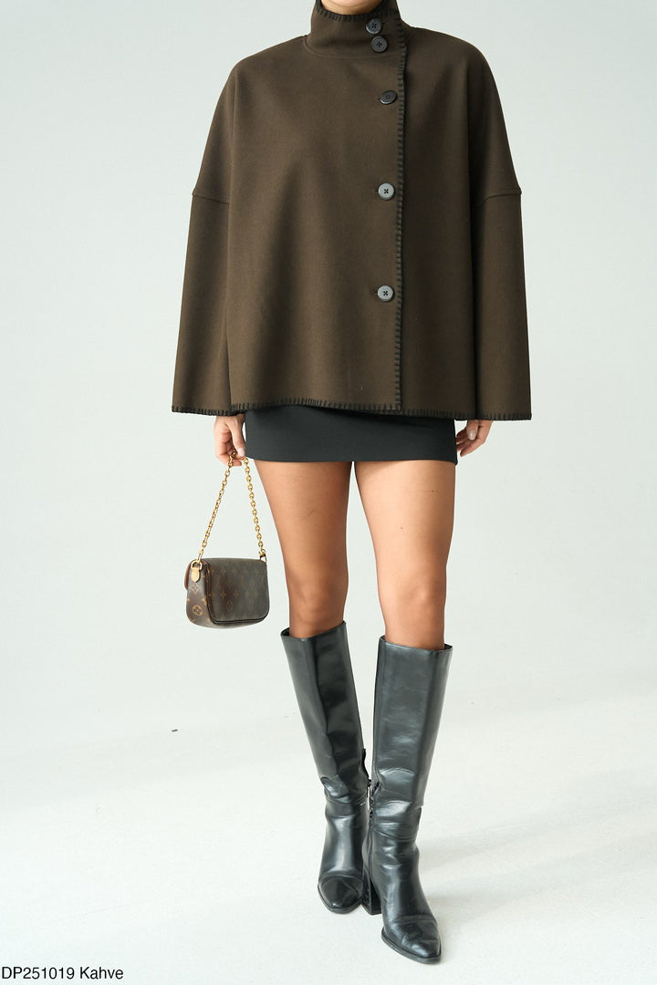 Contrast Stitch Cape Jacket in Brown