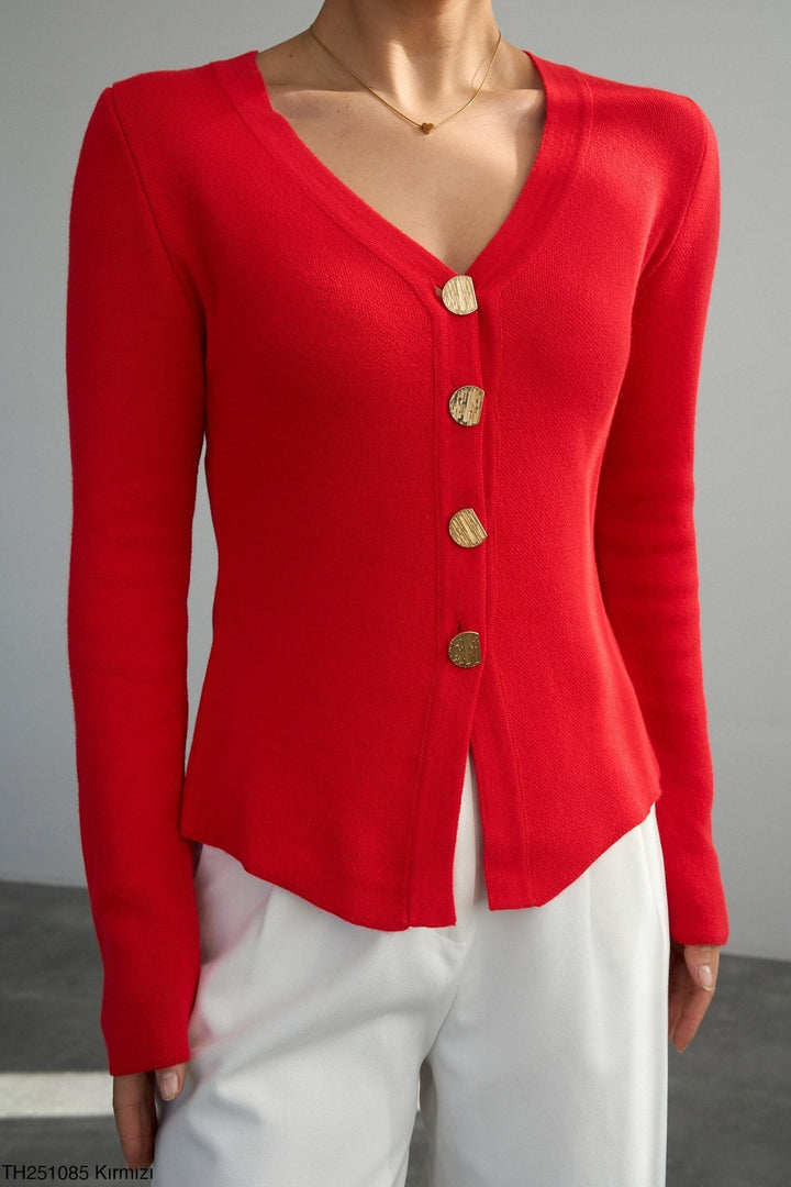 Gold Button Knit Cardigan - Red - jqwholesale.com