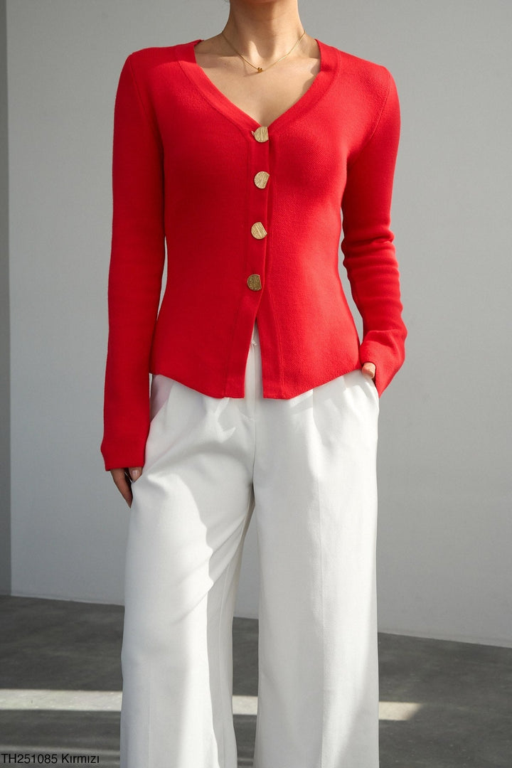Gold Button Knit Cardigan - Red - jqwholesale.com