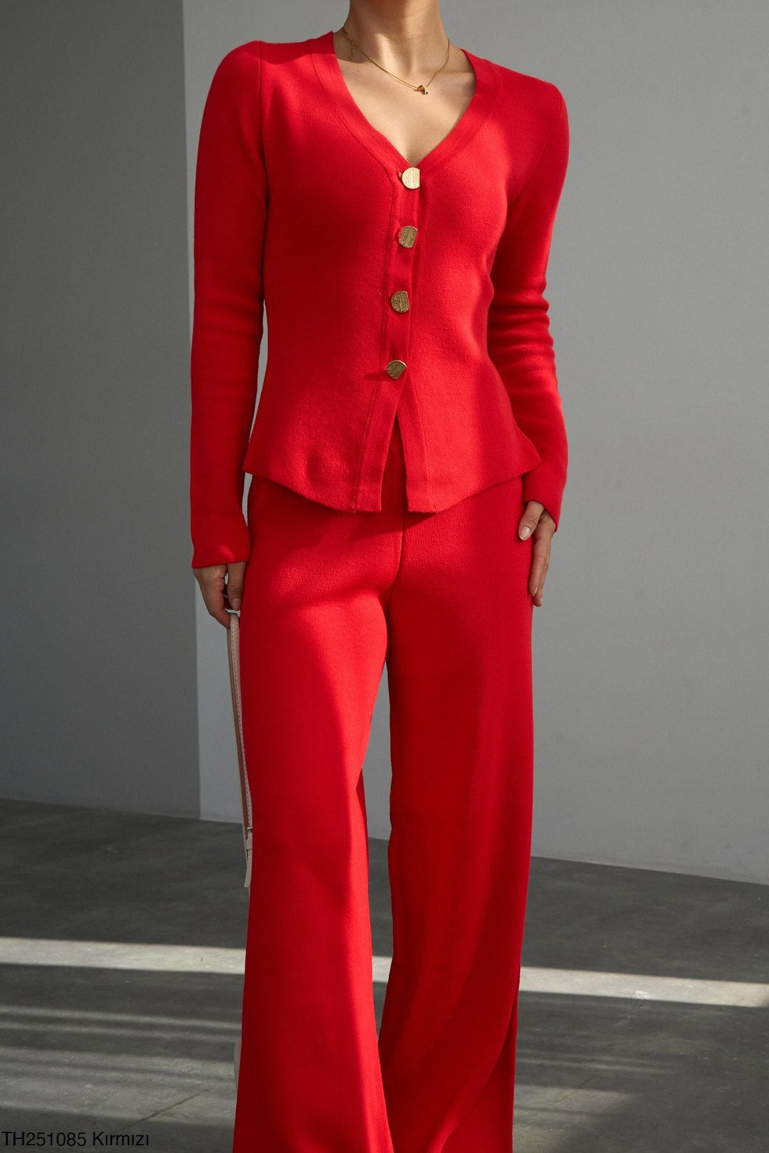 Gold Button Knit Cardigan - Red - jqwholesale.com