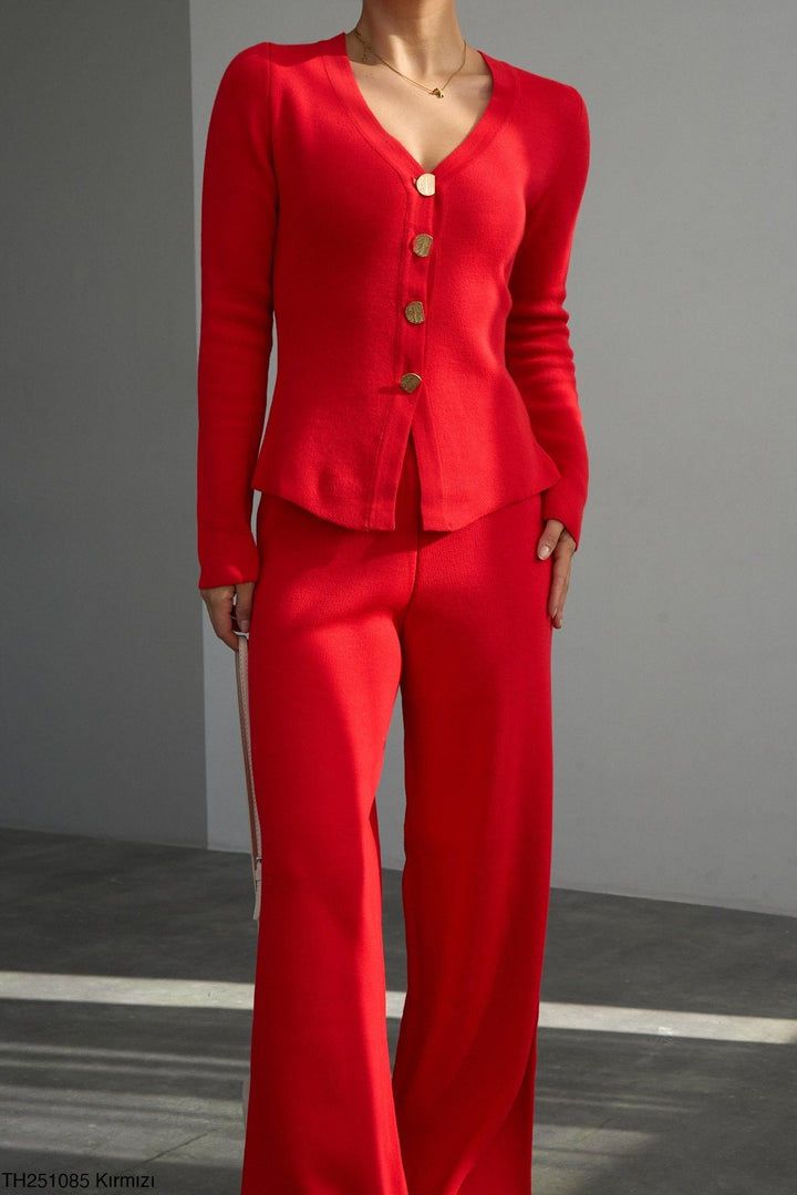 Gold Button Knit Cardigan - Red - jqwholesale.com