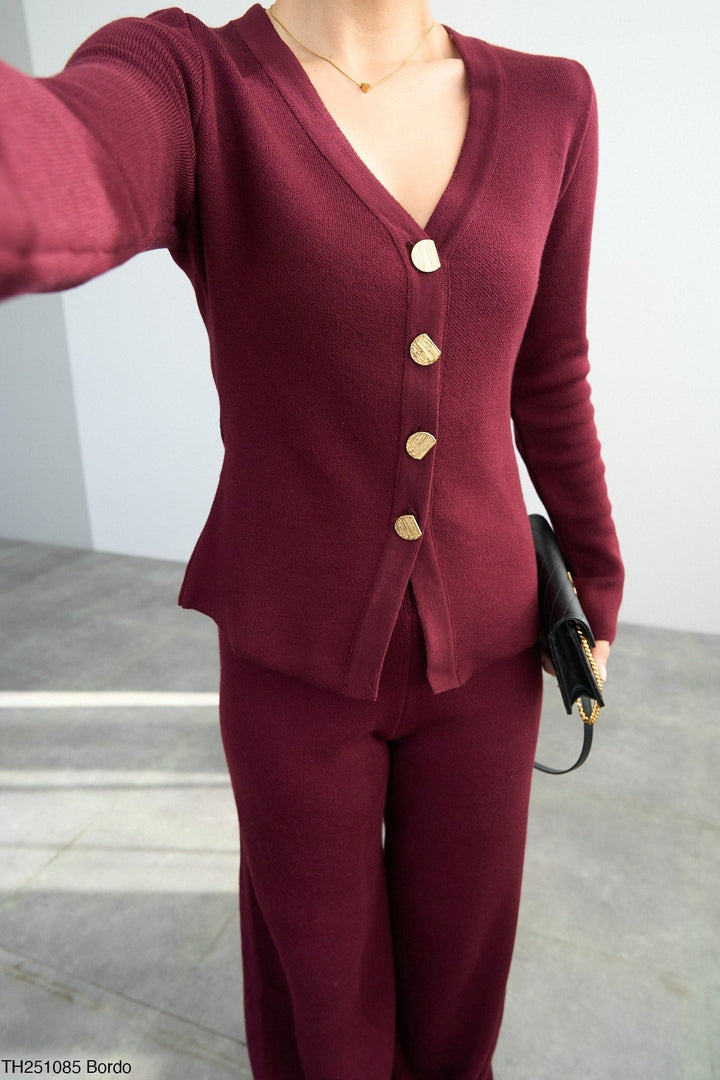 Gold Button Knit Cardigan - Burgundy - jqwholesale.com