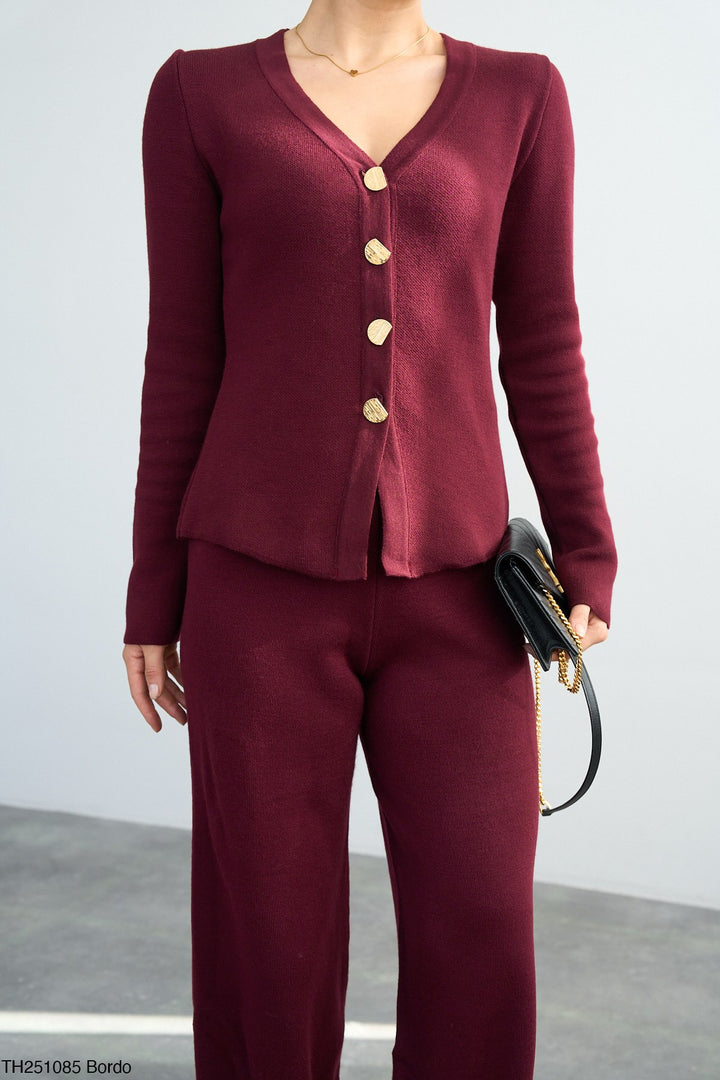 Gold Button Knit Cardigan - Burgundy