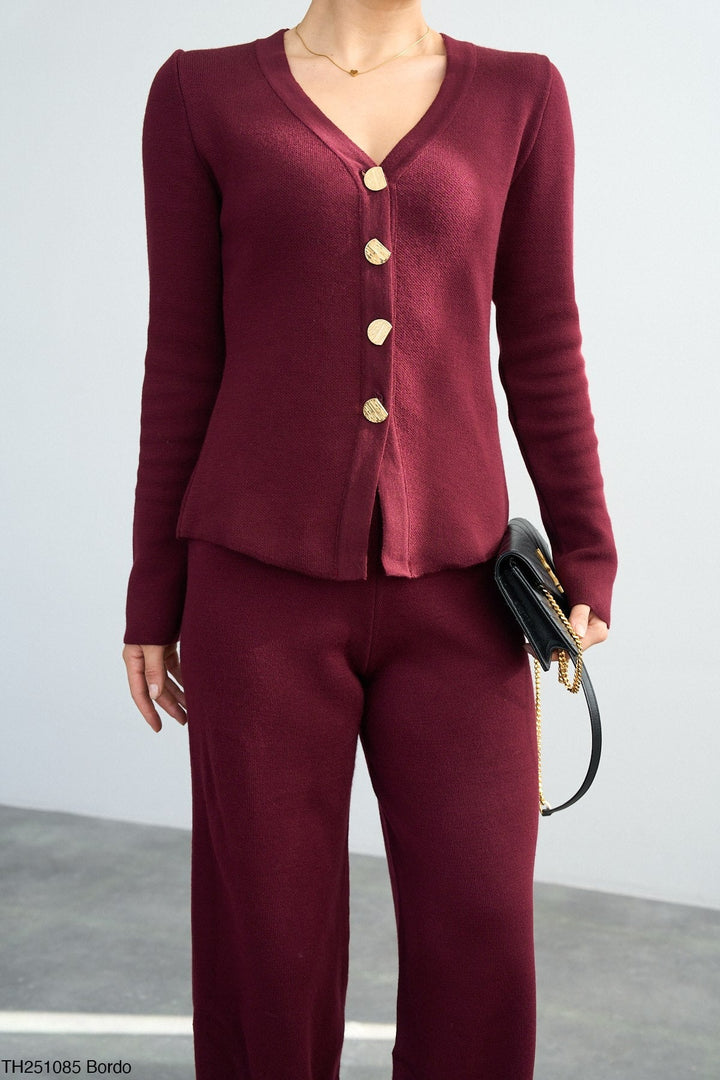 Gold Button Knit Cardigan - Burgundy - jqwholesale.com