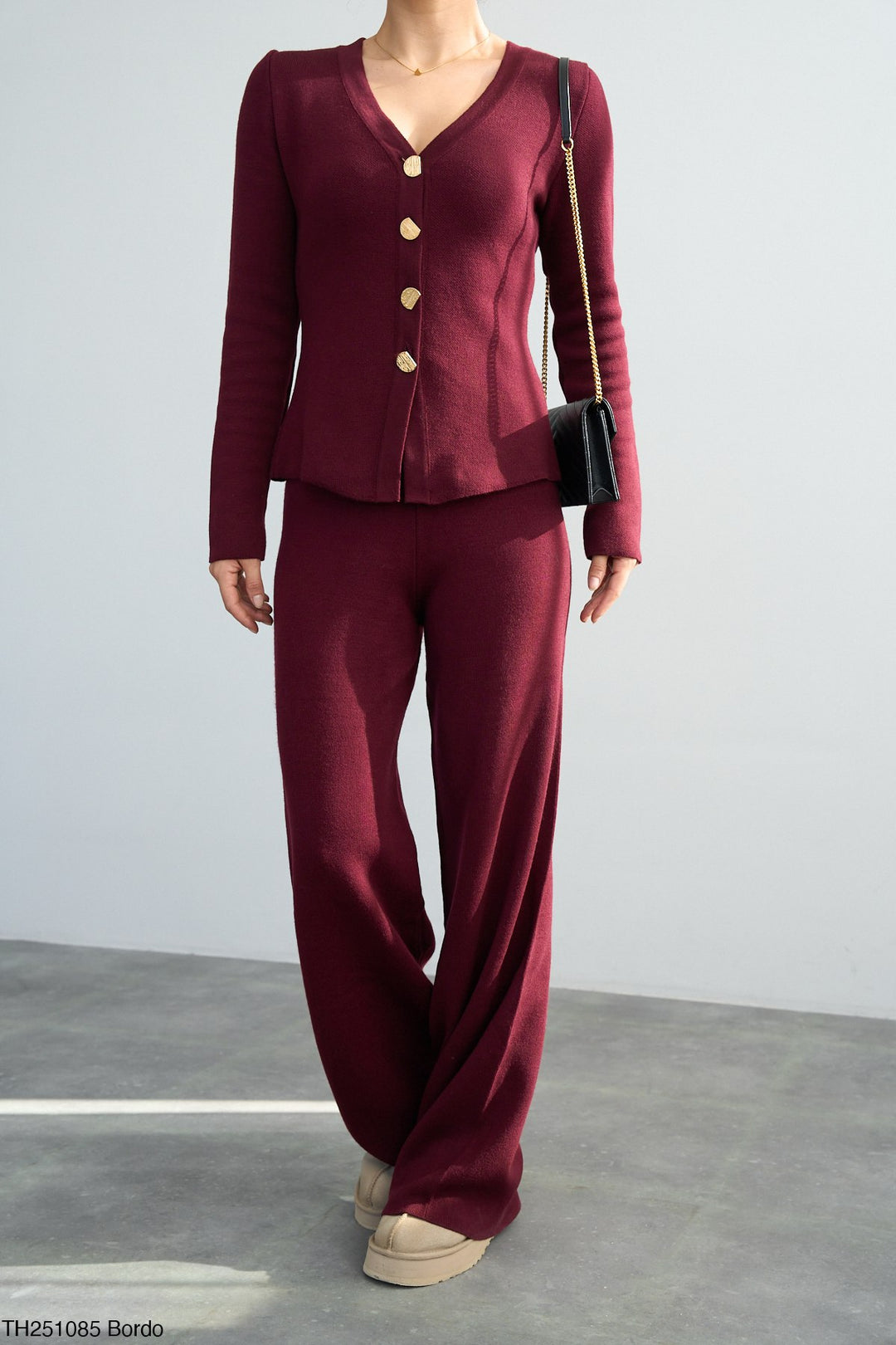 Gold Button Knit Cardigan - Burgundy