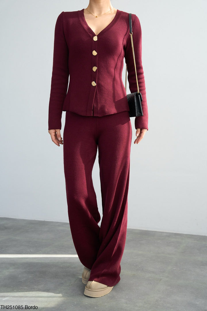 Gold Button Knit Cardigan - Burgundy