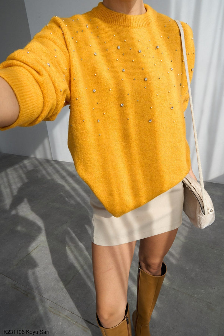 Embellished Soft Knit Jumper - Yellow - jqwholesale.com