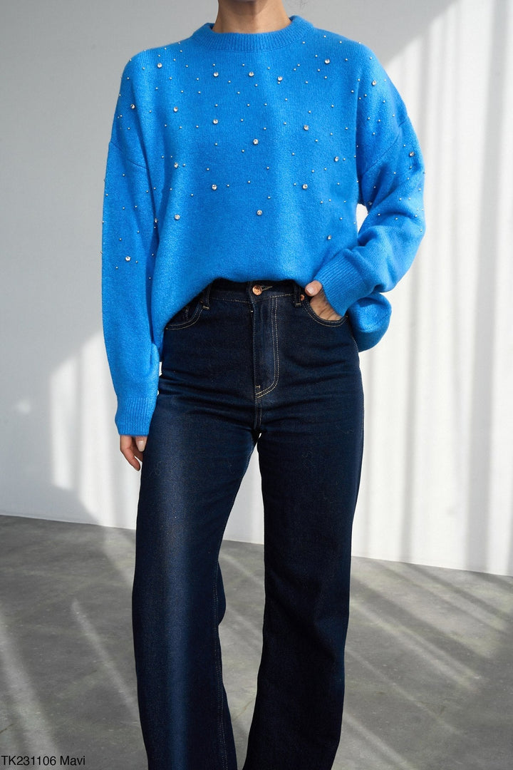 Embellished Soft Knit Jumper - Blue - jqwholesale.com