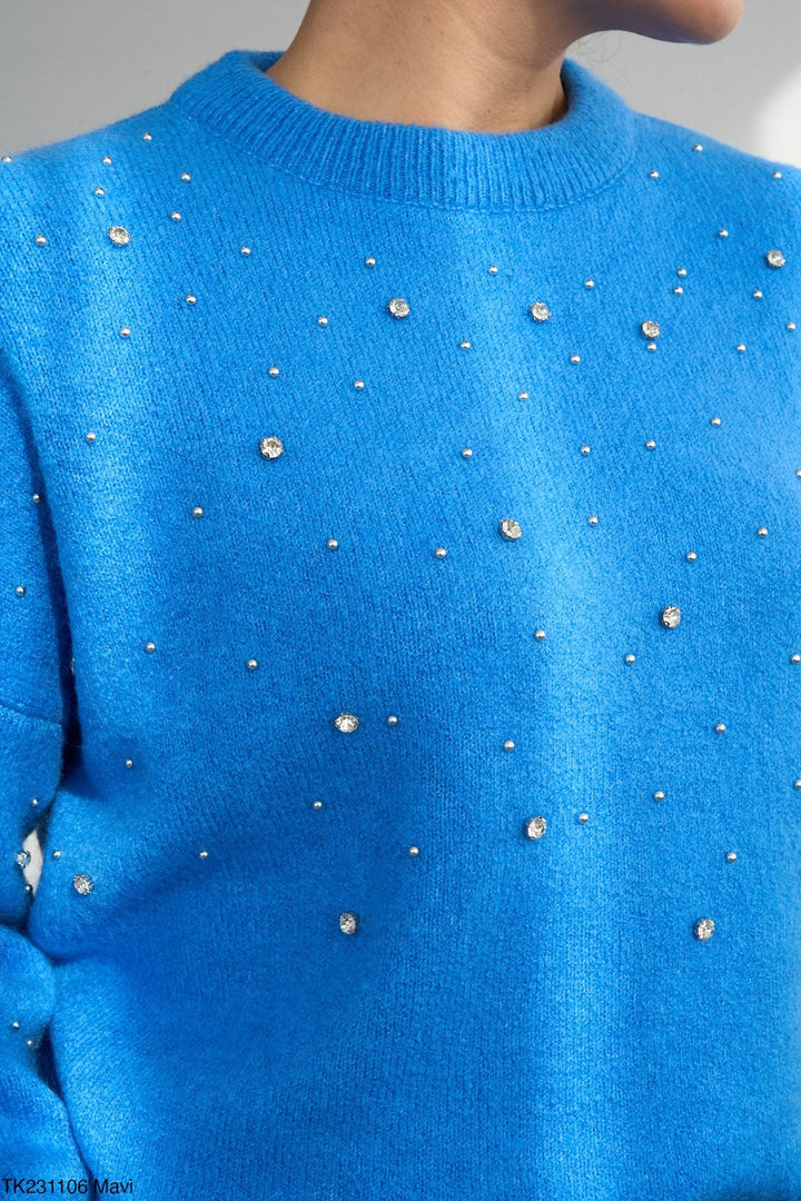 Embellished Soft Knit Jumper - Blue - jqwholesale.com