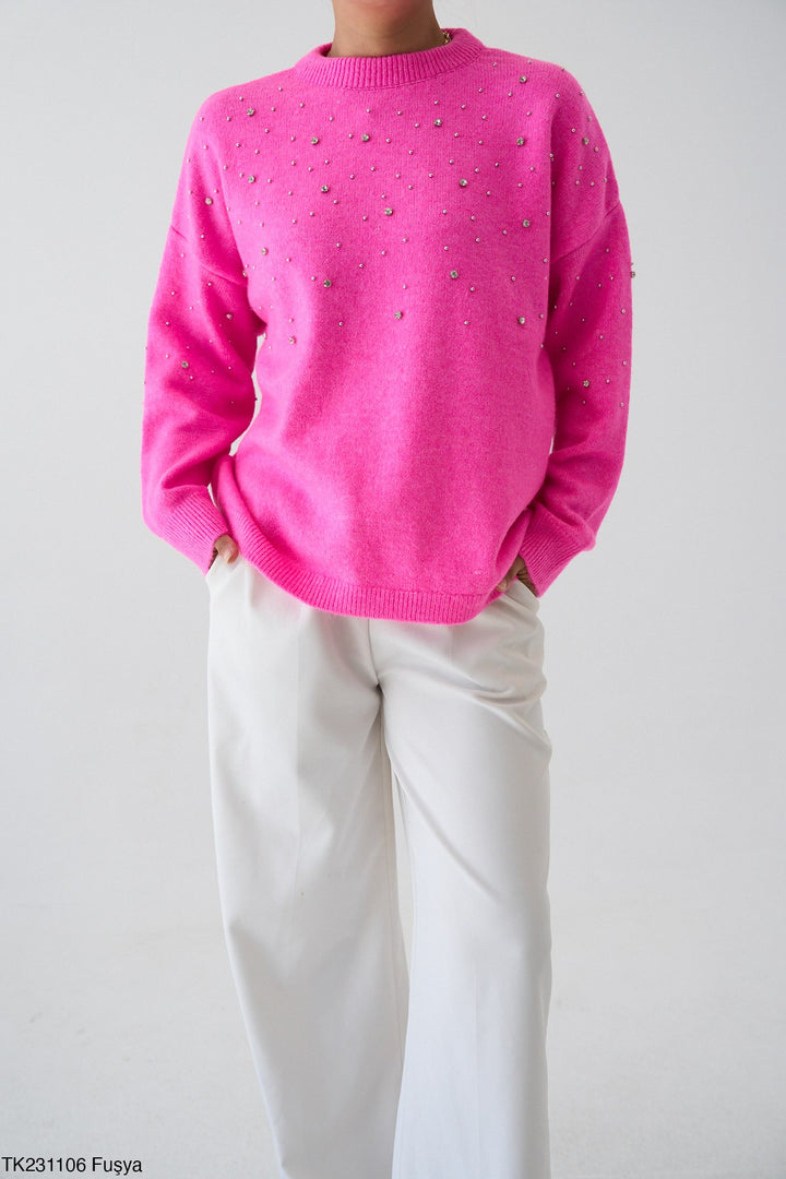 Embellished Soft Knit Jumper - Fuchsia
