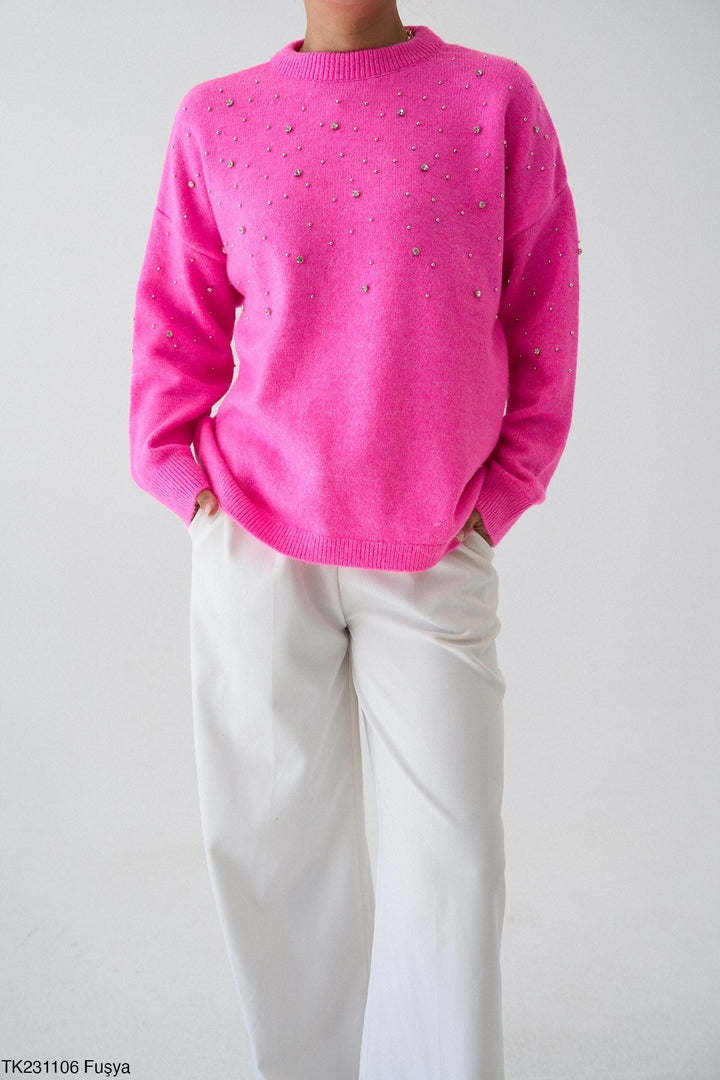 Embellished Soft Knit Jumper - Fuchsia - jqwholesale.com
