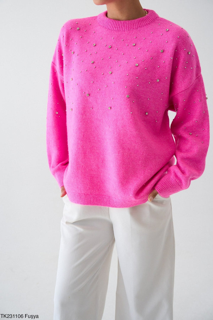 Embellished Soft Knit Jumper - Fuchsia - jqwholesale.com