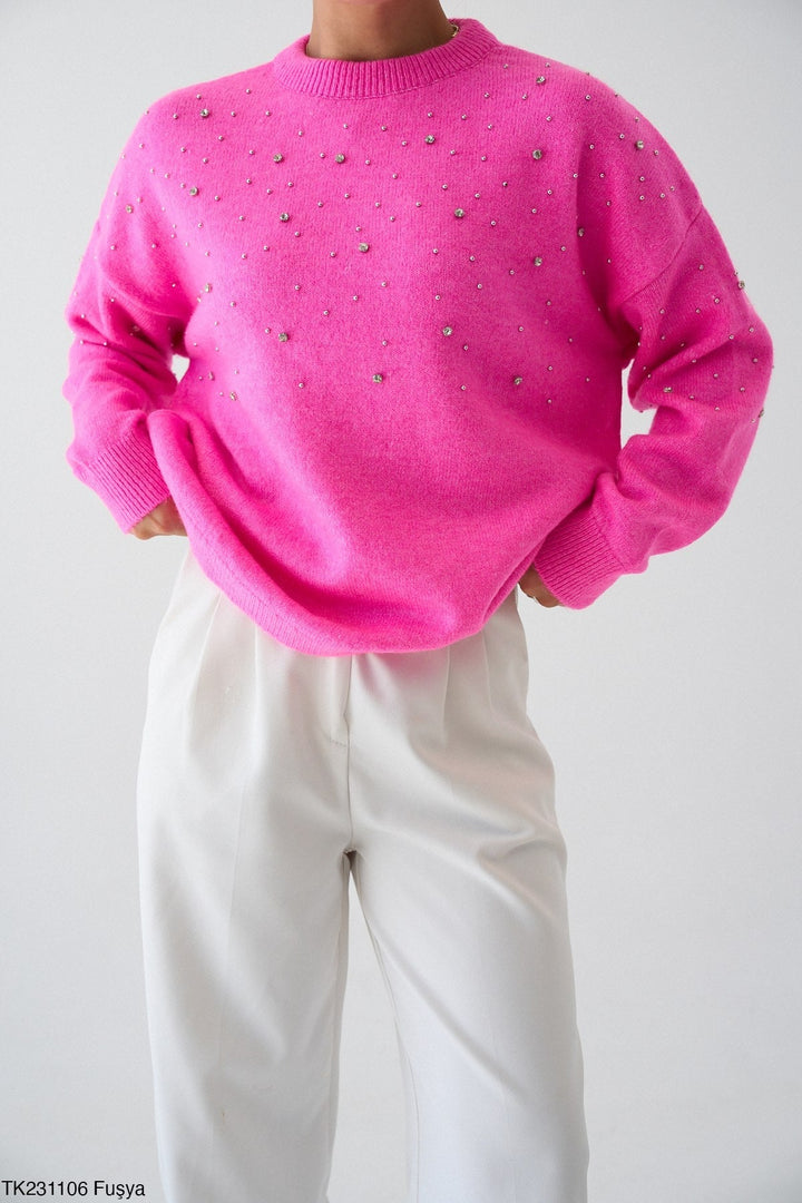 Embellished Soft Knit Jumper - Fuchsia - jqwholesale.com