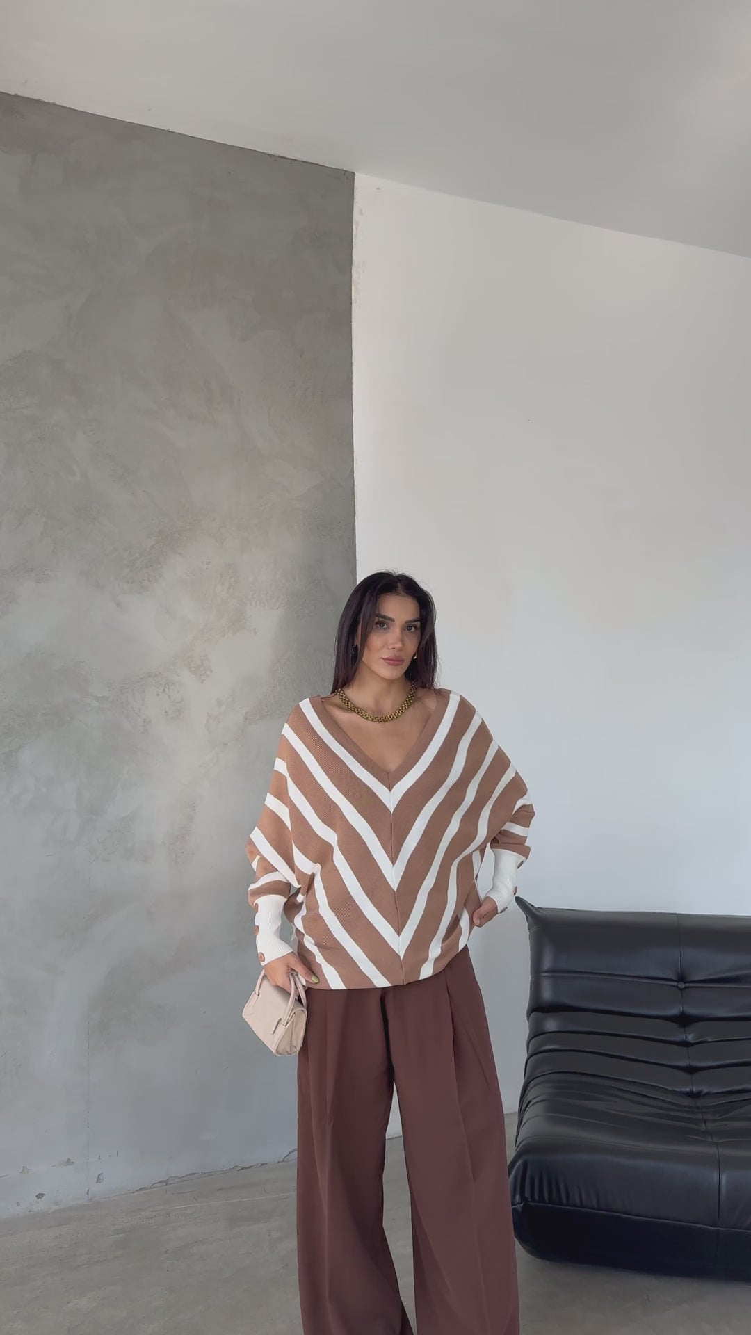 Camel Off-Shoulder Striped Knit Sweater with Button Details