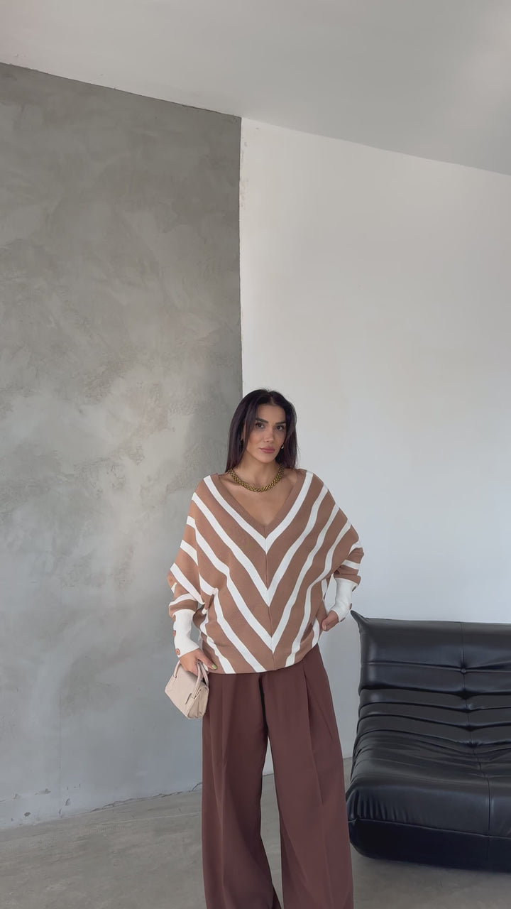 Camel Off-Shoulder Striped Knit Sweater with Button Details