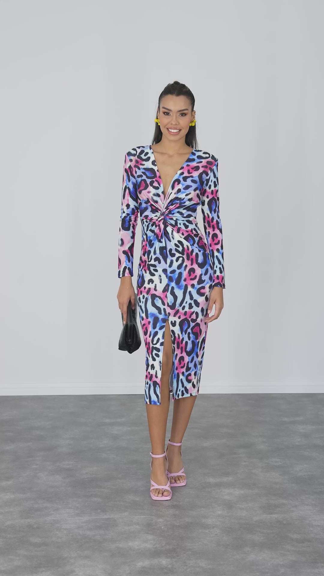 Leopard Print Twist Midi Dress with Long Sleeves