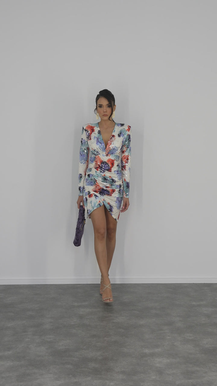 Silk Blue Long Sleeve Mini Dress