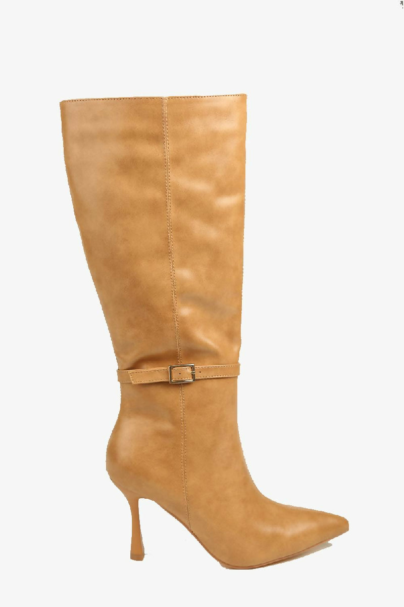 Buckle Detail Stiletto Heel Pointed Toe Knee High Boots In Camel (PACK OF 12 PAIRS UK3-UK8) - jqwholesale.com