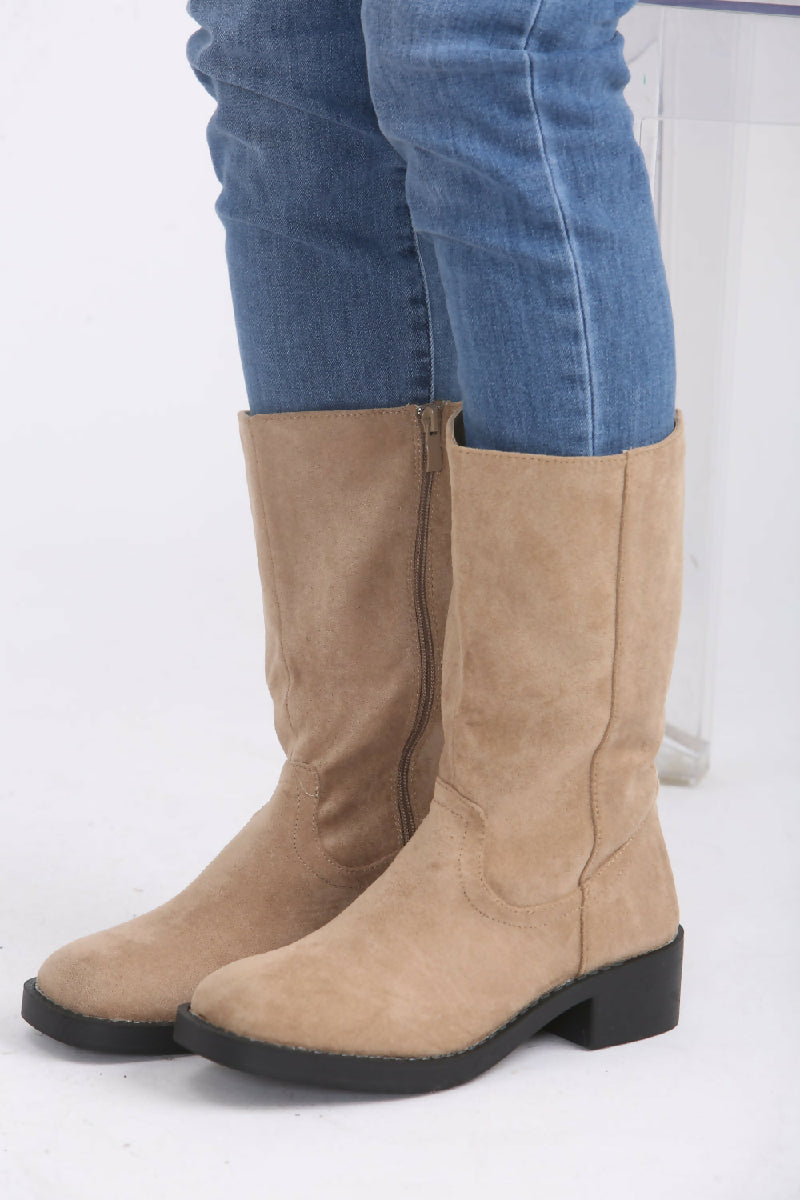 Camel Suede Designer Calf High Flat Boot (PACK OF 12 PAIRS UK3-UK8) - jqwholesale.com