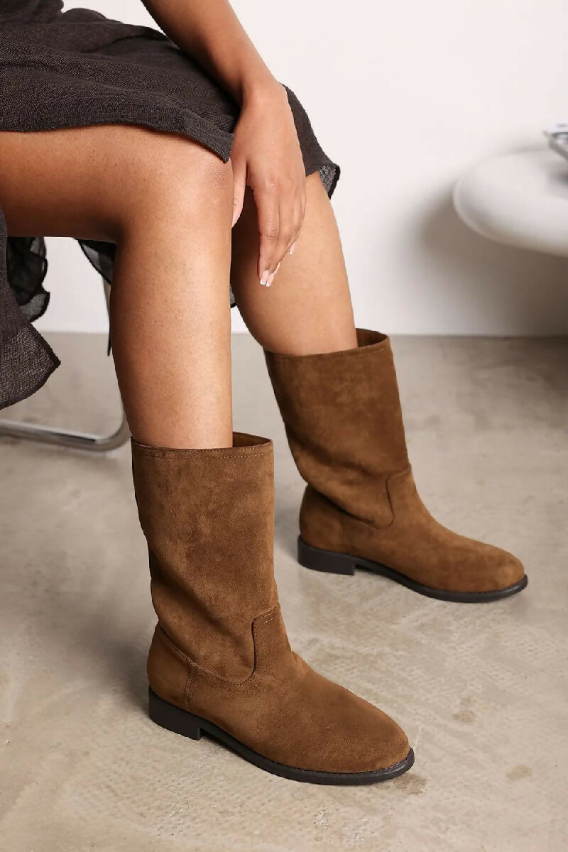 Khaki Suede Designer Calf High Flat Boot (PACK OF 12 PAIRS UK3-UK8) - jqwholesale.com