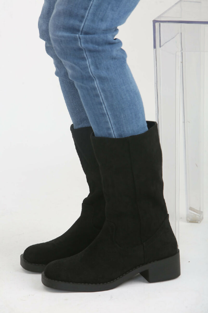 Black Suede Designer Calf High Flat Boot (PACK OF 12 PAIRS UK3-UK8) - jqwholesale.com
