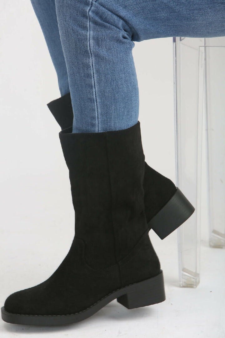 Black Suede Designer Calf High Flat Boot (PACK OF 12 PAIRS UK3-UK8) - jqwholesale.com