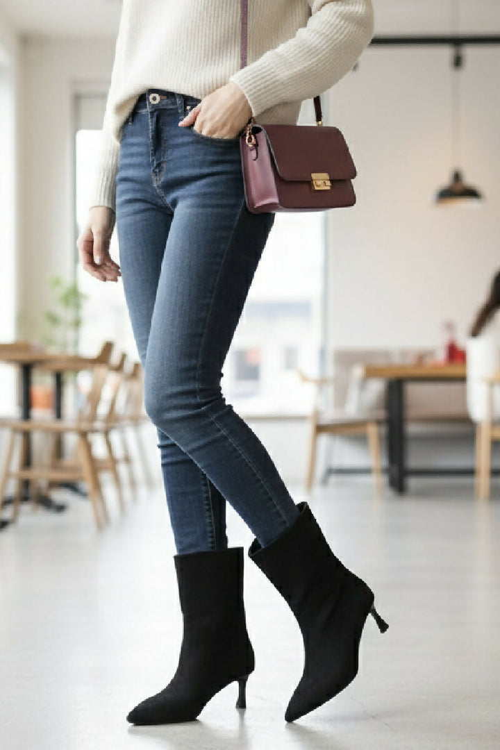 Women's Low Stiletto Heel Ankle Boots in Black Suede (PACK OF 12 PAIRS UK3-UK8) - jqwholesale.com