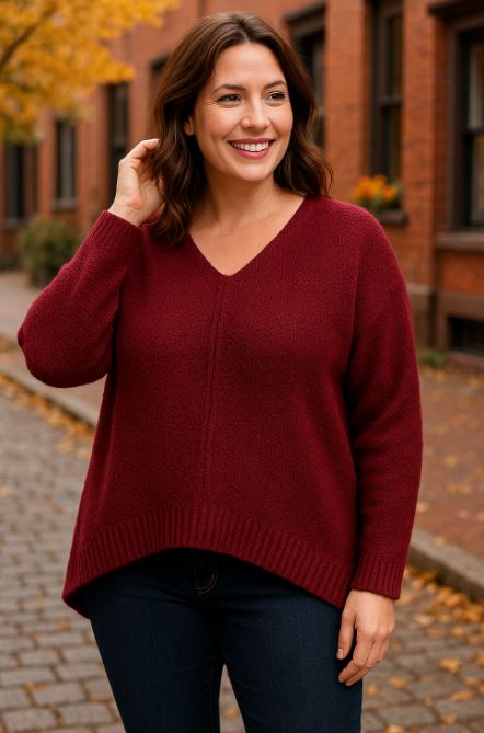 V Neck Soft Touch Boucle Hi Low Knit - jqwholesale.com