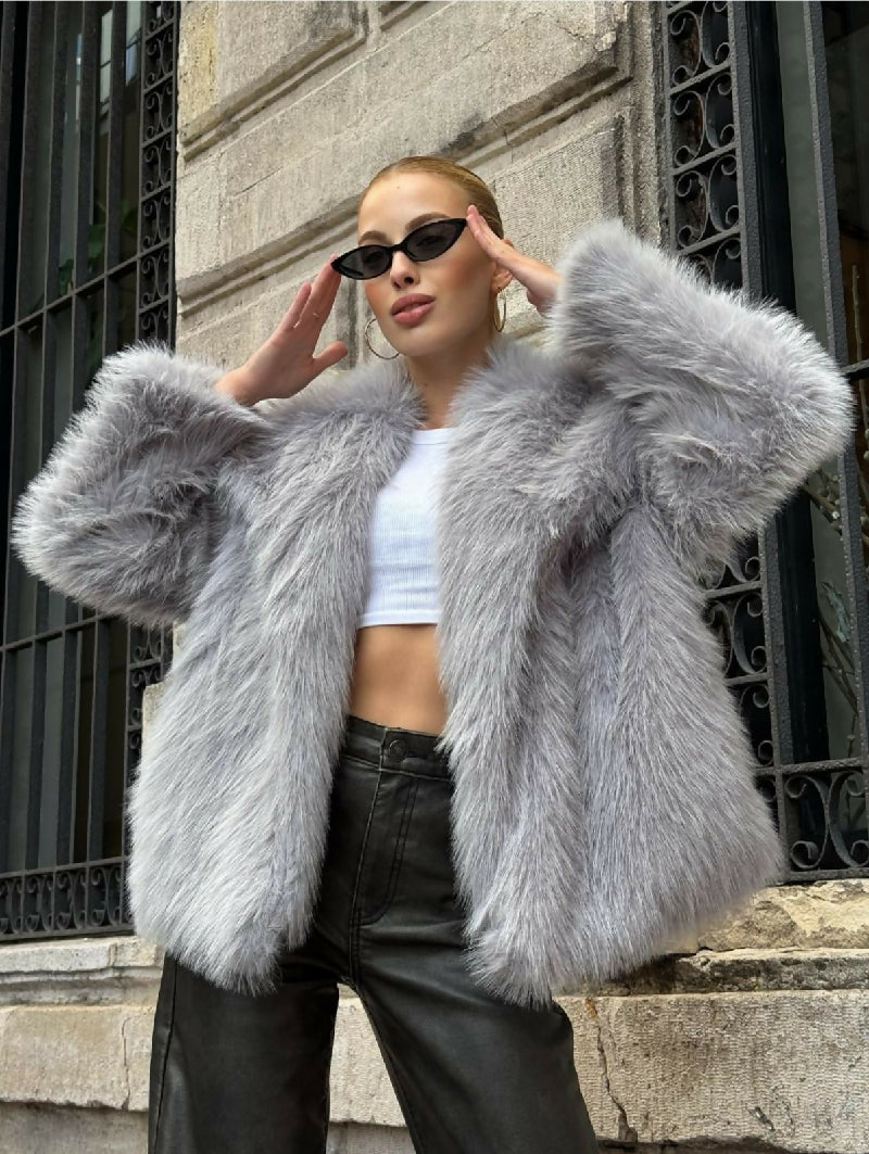 Luxe Plush Fur Jacket in Grey