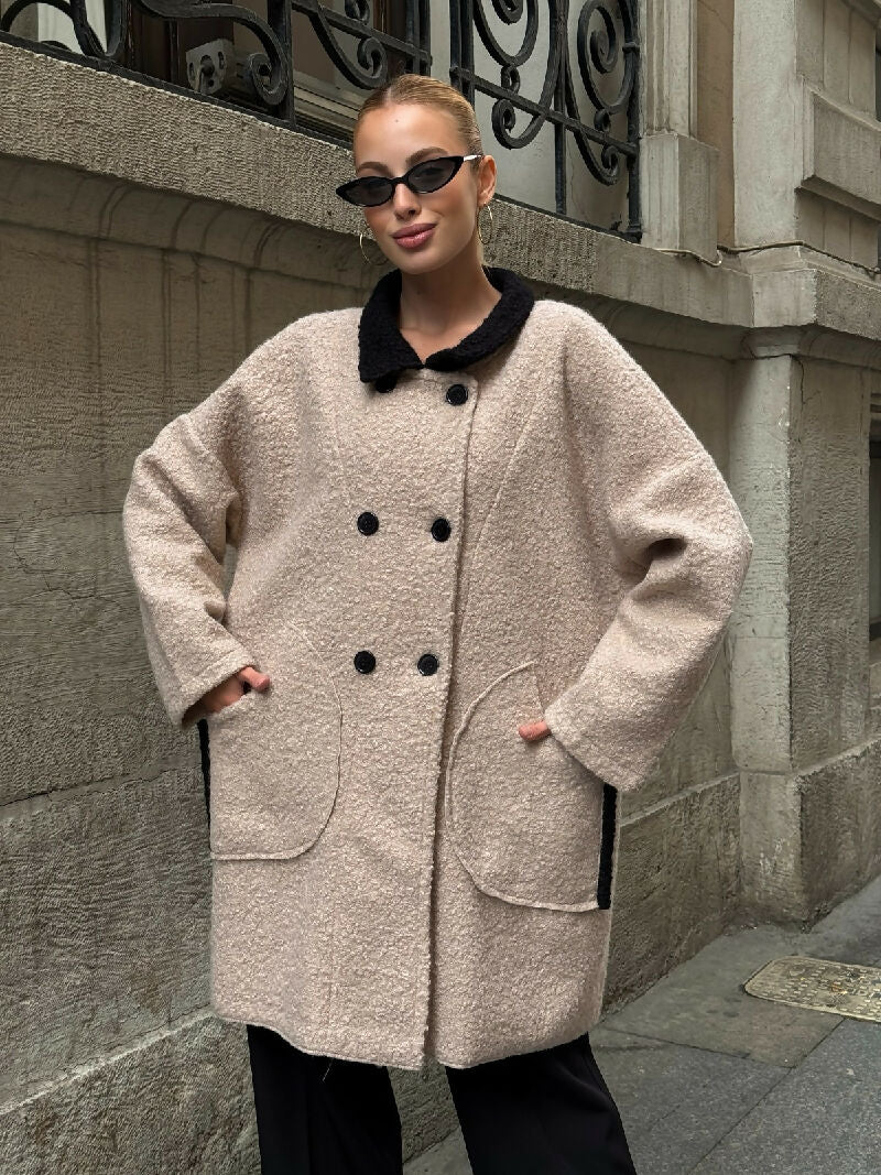 Contrast Collar Bouclé Button Coat in Beige